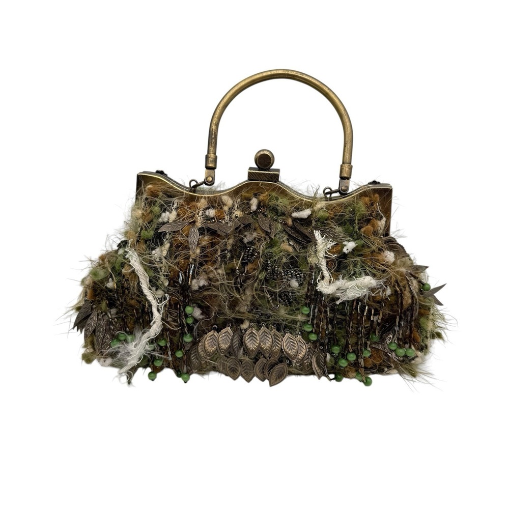 Green Feather Beaded Dark Fairy Boho Art Deco Clutch Metallic Purse w/strap READ - Picture 3 of 14